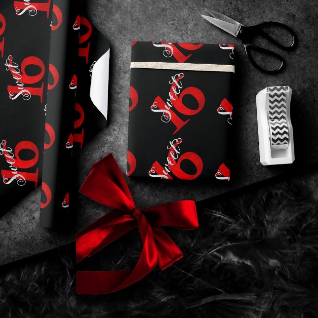 Papier Cadeau 16 ans | Aquarelle classique rouge et noire (Créateur téléchargé)
