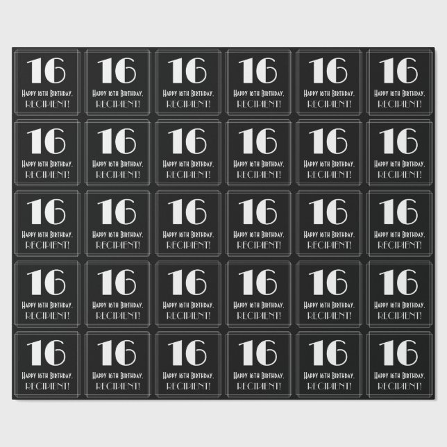 Papier Cadeau 16e anniversaire - Art Déco Inspiré "16", Nom (Couture)