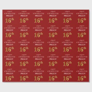 Papier Cadeau 16e anniversaire : Elégant, Rouge, Faux Gold Look