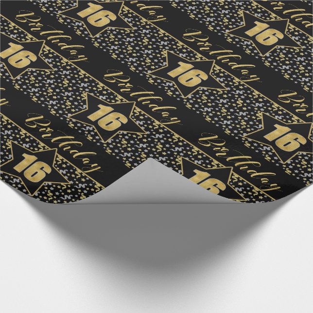 Papier Cadeau 16e Anniversaire étoile sur Noir avec Argent Or (Coin)