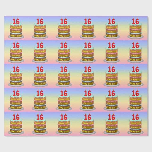 Papier Cadeau 16e anniversaire : Fun Cake and Candles + Nom pers (Plat)