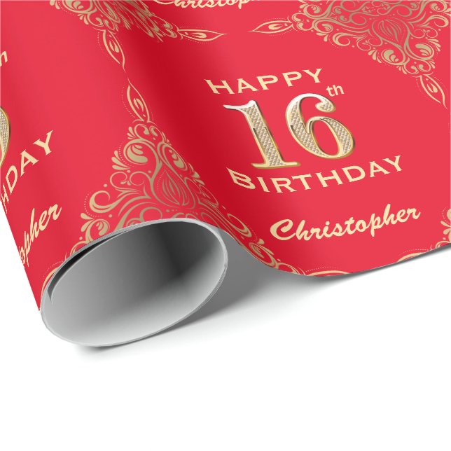 Papier Cadeau 16e anniversaire Parties scintillant rouge et or (Coin rond)