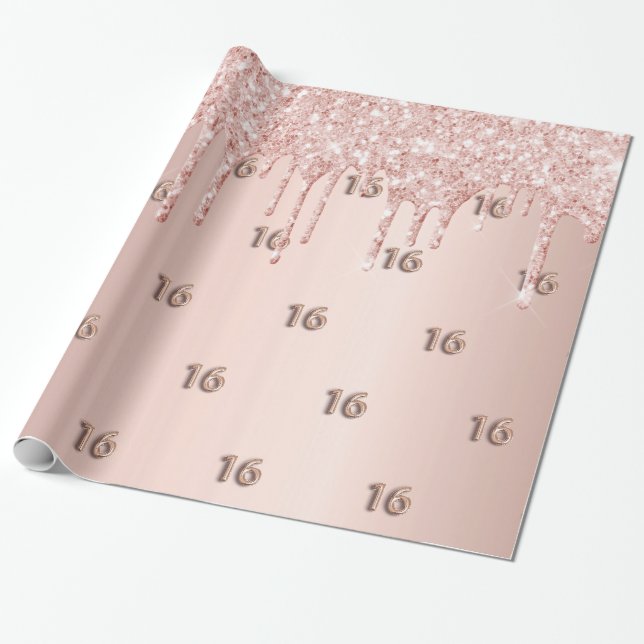 Papier Cadeau 16e anniversaire rose parties scintillant d'or gou (Déroulé)