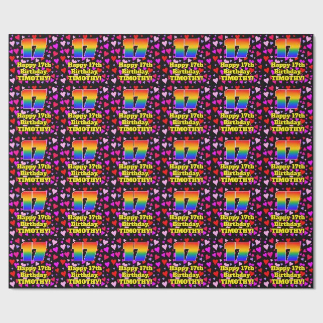 Papier Cadeau 17e anniversaire : Amour Hearts Motif, Arc-en-ciel (Plat)