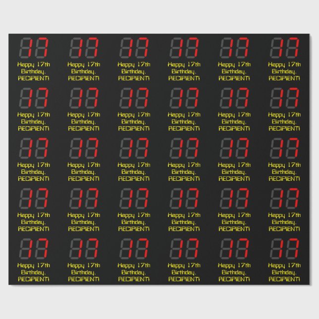 Papier Cadeau 17e anniversaire : Style de montre numérique rouge (Plat)