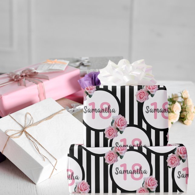 Papier Cadeau 18e anniversaire chic rose roses noir blanc rayure (Créateur téléchargé)
