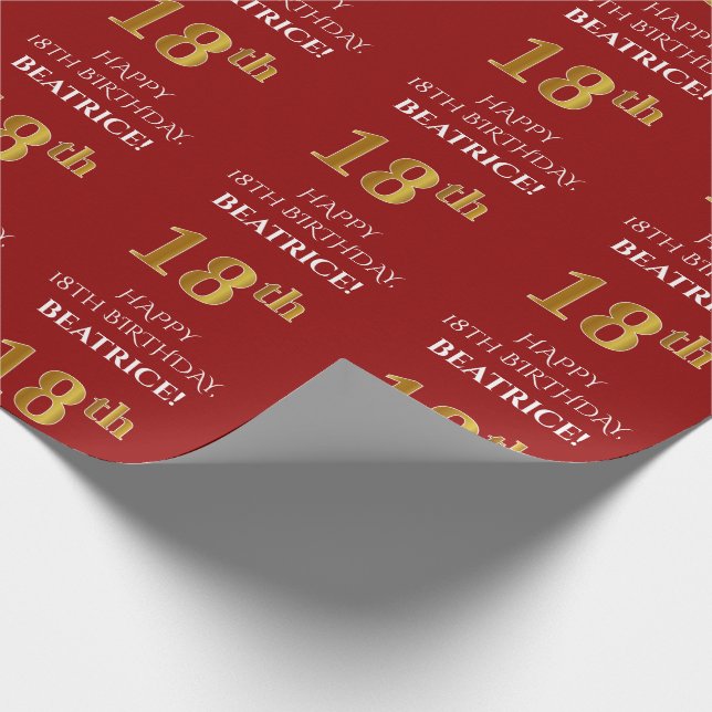 Papier Cadeau 18e anniversaire : Elégant, Rouge, Faux Gold Look (Coin)