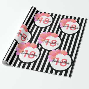 Papier Cadeau 18e anniversaire noir blanc rayures ballons rose