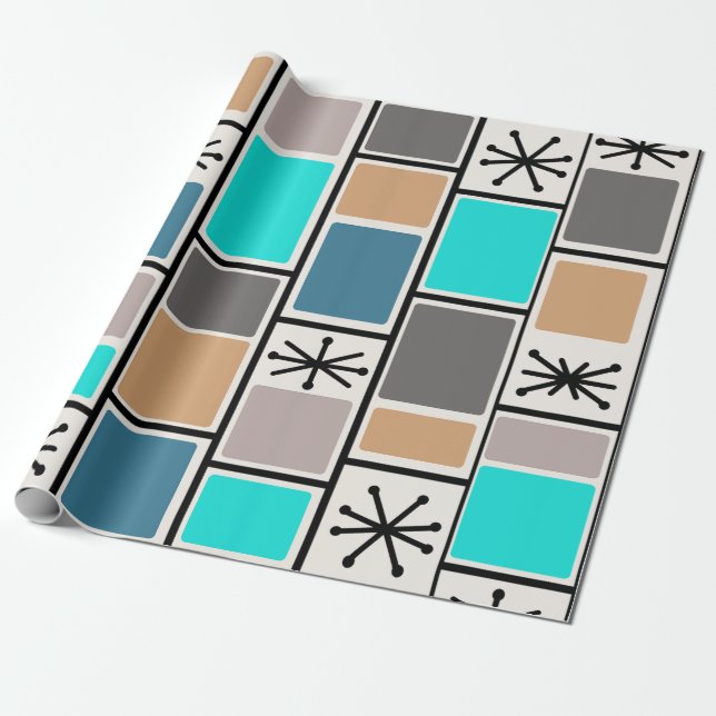 Papier Cadeau 1950 L'Âge Atomique Rectangle Starbursts (Déroulé)