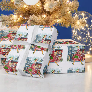 Papier Cadeau 1950 Noël Dame Vintage