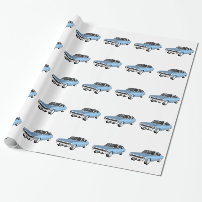 Papier Cadeau 1968 voitures bleu-clair de muscle (Déroulé)