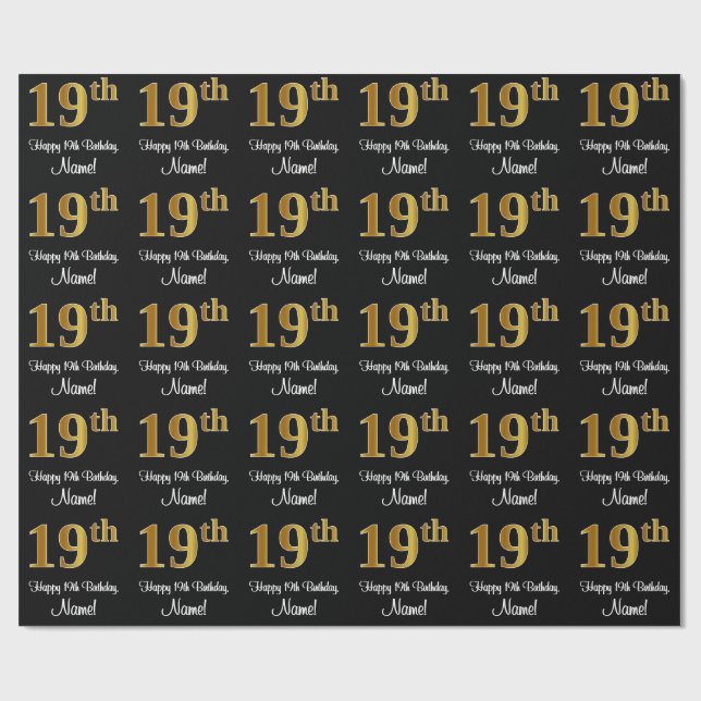 Papier Cadeau 19e anniversaire : Elégant Luxueux Faux Gold Look  (Plat)