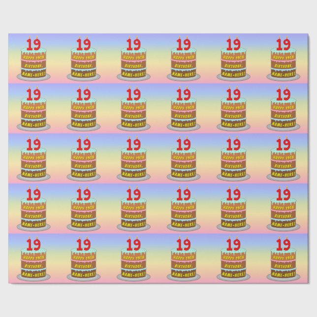 Papier Cadeau 19e anniversaire : Fun Cake and Candles + Nom pers (Couture)