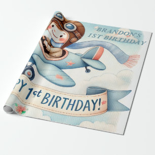 Papier Cadeau 1er Anniversaire Aéronef Boy Aquarelle vers le hau