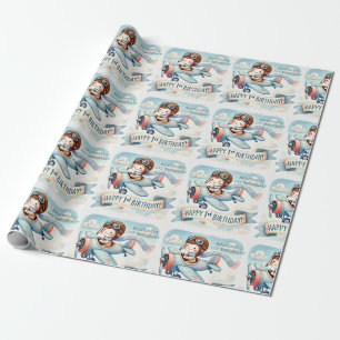 Papier Cadeau 1er Anniversaire Aéronef Boy Aquarelle vers le hau