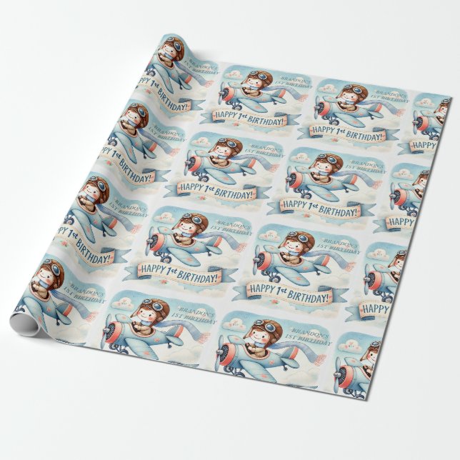 Papier Cadeau 1er Anniversaire Aéronef Boy Aquarelle vers le hau (Déroulé)