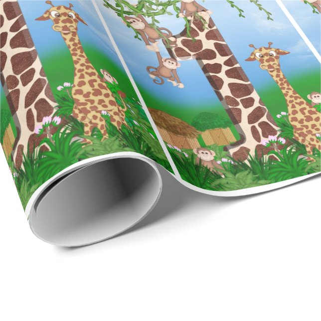 Papier Cadeau 1er Anniversaire Animaux de la Jungle (Coin rond)