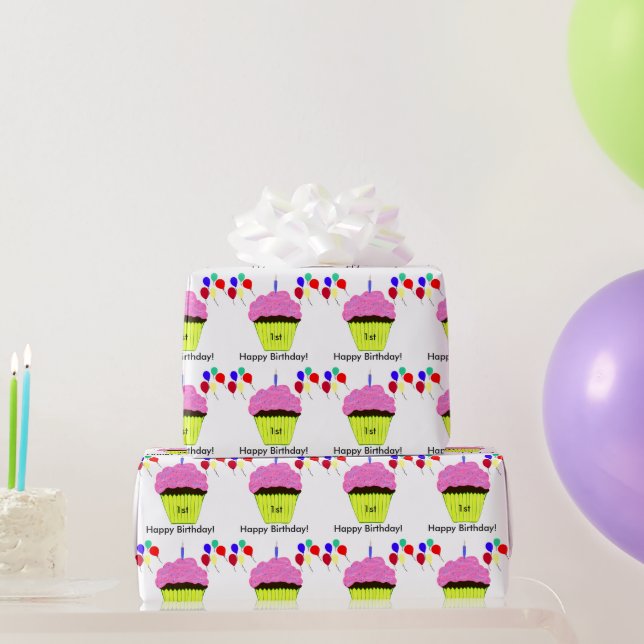 Papier Cadeau 1er Anniversaire Ballons de Cupcake Rose Personnal (Cadeaux de fête)