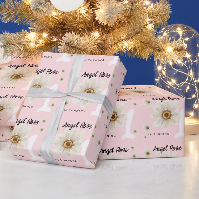 Papier Cadeau 1er Anniversaire fille mignonne Floral Daisy rose  (Vacances)