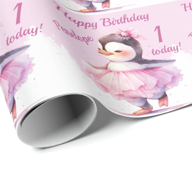Papier Cadeau 1er Anniversaire Pingouin Ballerina Rose (Coin rond)