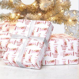 Papier Cadeau 1er Noël Lapin Nom Bébé Fille Rose Numéro Un