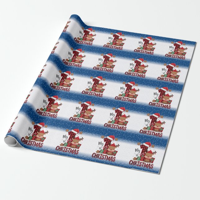 Papier Cadeau 1er Noël Santa Hat White Neige Bébé Reindeer (Déroulé)