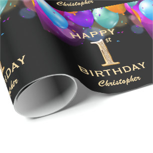 Papier Cadeau 1ère fête d'anniversaire Ballons noirs et or