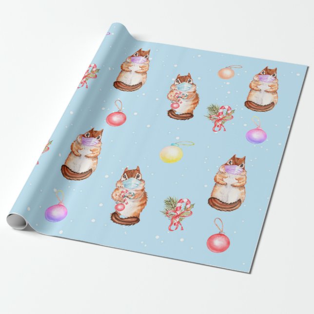 Papier Cadeau 2020 Covid Cute Chipmunk Visage Masque de Noël (Déroulé)