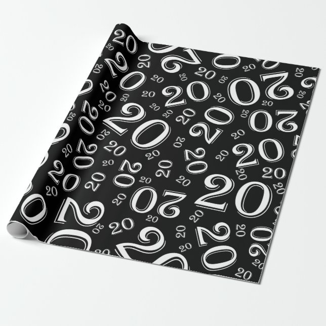 Papier Cadeau 20e anniversaire Noir/Blanc Random Numéro Motif 20 (Déroulé)