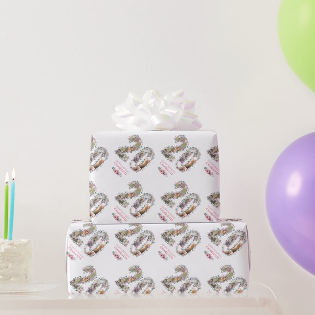 Papier Cadeau 20e anniversaire Photo Collage Fille Rose Fleur Bl (Cadeaux de fête)