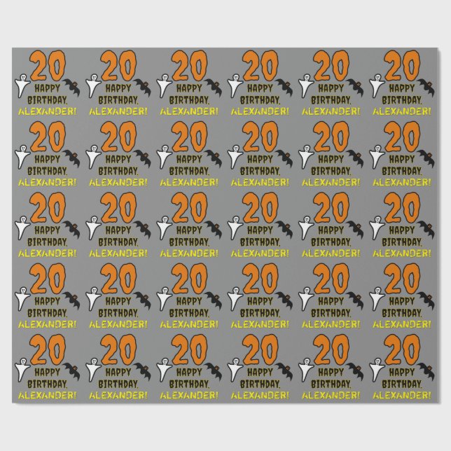 Papier Cadeau 20e anniversaire : Thème d'Halloween Éffrayant, No (Plat)