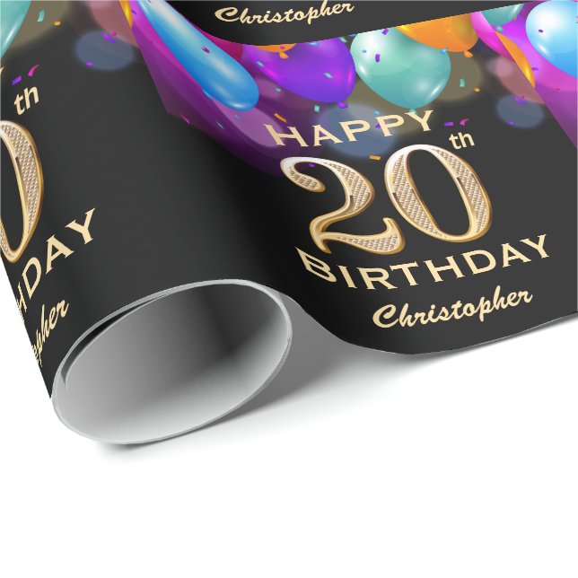 Papier Cadeau 20e fête d'anniversaire Ballons Noir et Or (Coin rond)