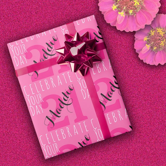 Papier Cadeau 21e anniversaire Typographie rose moderne (Créateur téléchargé)