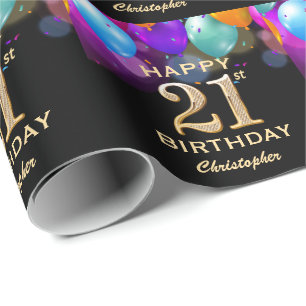 Papier Cadeau 21e fête d'anniversaire Ballons Noir et Or