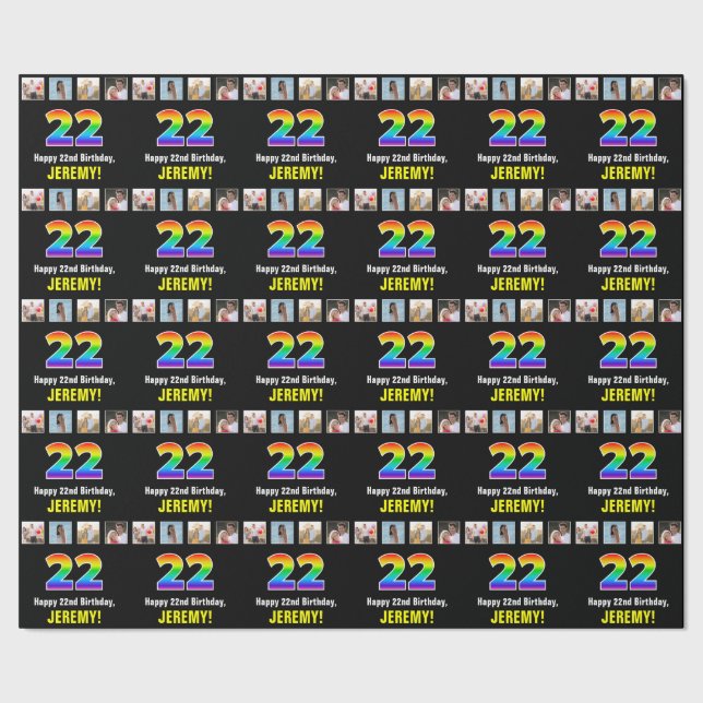 Papier Cadeau 22e anniversaire : Arc-en-ciel "22"; photos et nom (Couture)