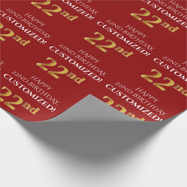 Papier Cadeau 22e anniversaire : Elégant, Rouge, Faux Gold Look (Coin)
