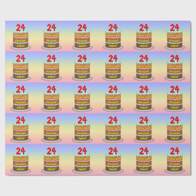 Papier Cadeau 24e anniversaire : Fun Cake and Candles + Nom pers (Plat)