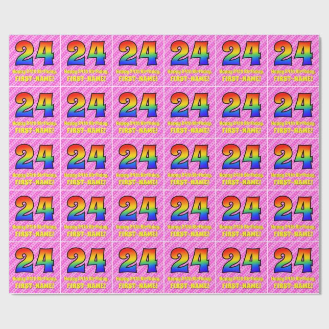 Papier Cadeau 24e anniversaire : Pink Stripes & Hearts, Arc-en-c (Plat)