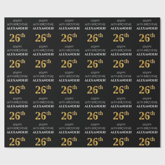 Papier Cadeau 26e anniversaire : Elégant, Noir, Faux Gold Look (Plat)