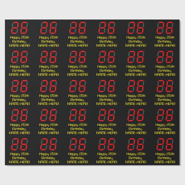 Papier Cadeau 26ème anniversaire : Rouge Digital Horloge Style " (Plat)