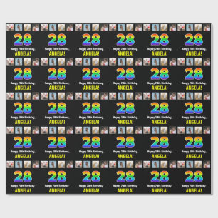 Papier Cadeau 28e anniversaire : Arc-en-ciel "28"; photos et nom