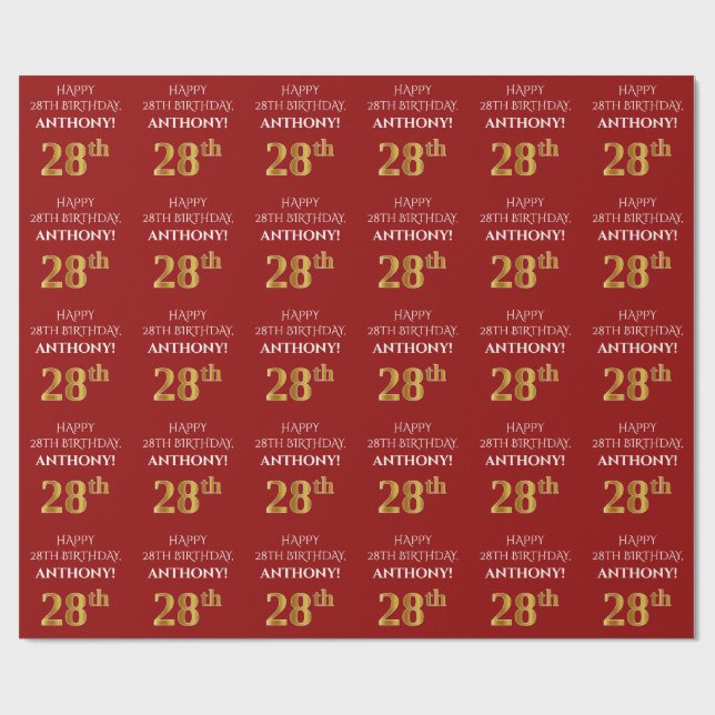 Papier Cadeau 28e anniversaire : Elégant, Rouge, Faux Gold Look (Plat)