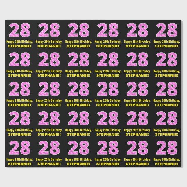 Papier Cadeau 28e anniversaire : Pink Stripes and Hearts "28" +  (Plat)