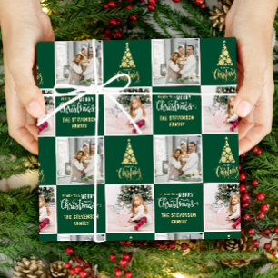 Papier Cadeau 2 Photo Elegant Golden Green Joyeux Noël