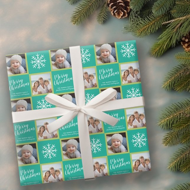 Papier Cadeau 2 Photo : Green Blue Merry Christmas Snowflakes (Personalized wrapping paper with 2 photos)