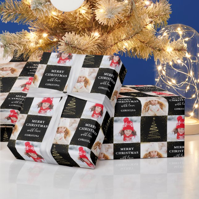 Papier Cadeau 2 photos personnalisées Black Gold Noël (Vacances)