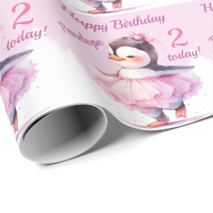 Papier Cadeau 2e anniversaire Pingouin Ballerina rose