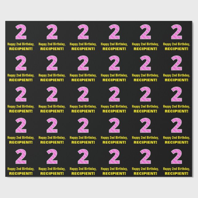 Papier Cadeau 2e anniversaire : Pink Stripes and Hearts "2" + No (Plat)