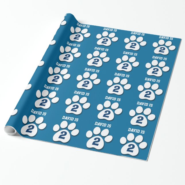 Papier Cadeau 2ème Empreintes de pattes BLEUS nommés faits sur (Déroulé)