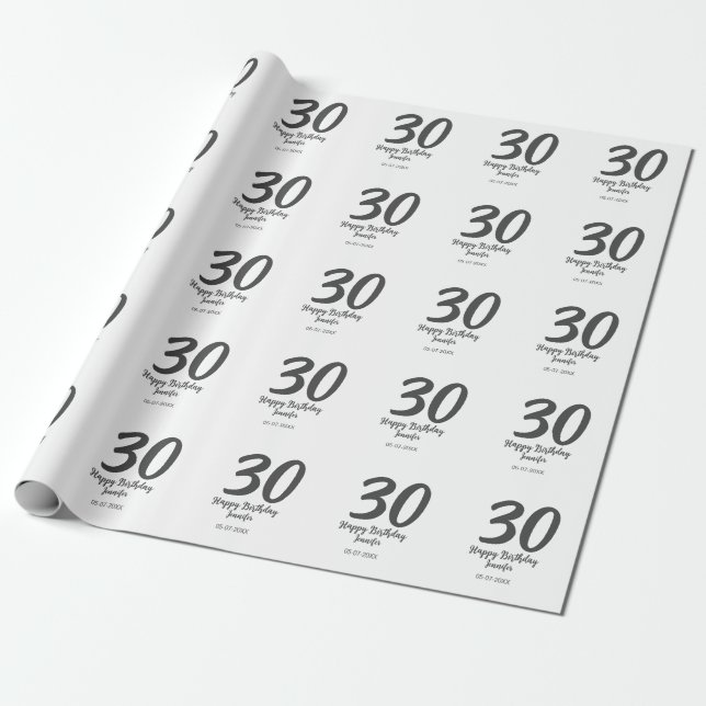 Papier Cadeau 30e anniversaire ajouter nom date année noir modèl (Déroulé)